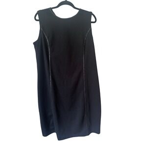 IMAN Black -Faux Leather Trim Dress Size 14 Gold Zip Stretch Knit Designer,Class